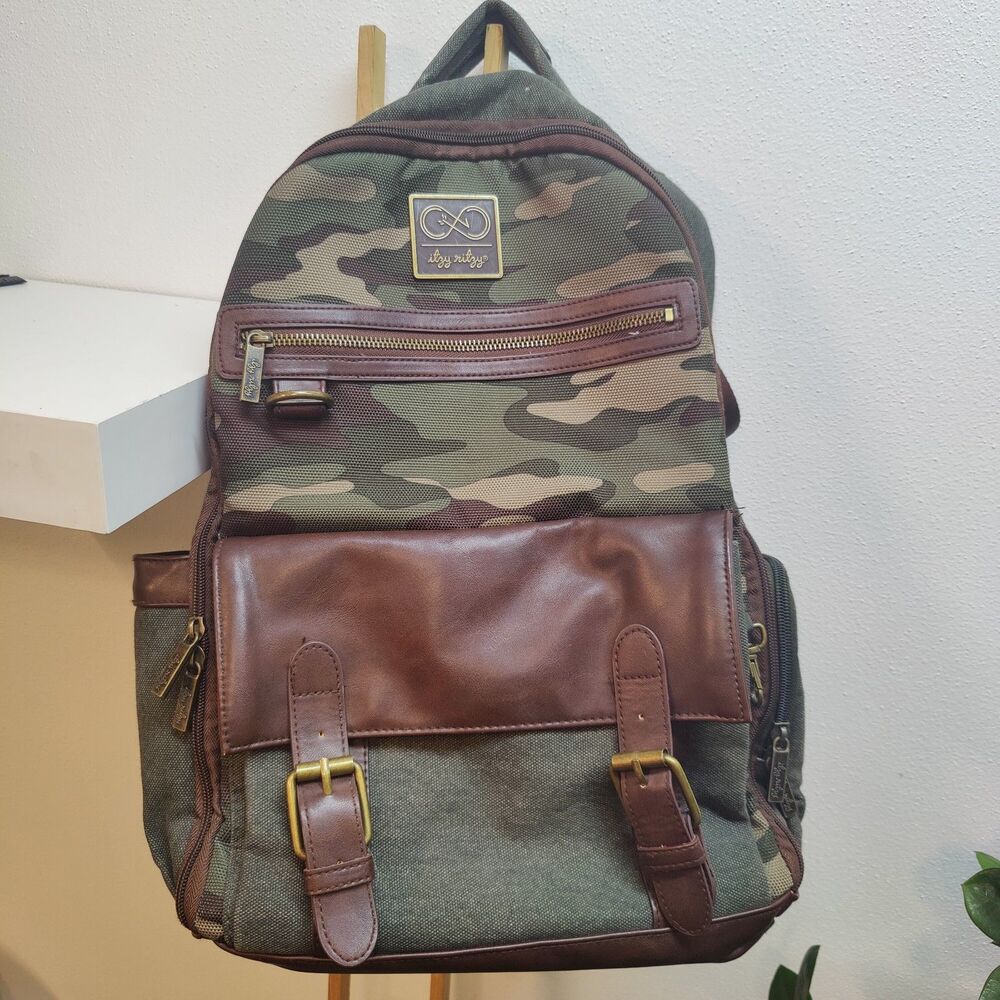 Itzy Ritzy Boss Backpack Camo Canvas Brown Leather Travel Bag
